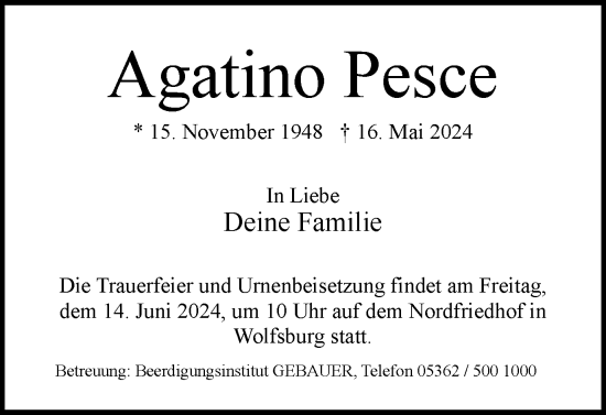 Traueranzeige von Agatino Pesce von Wolfsburger Nachrichten