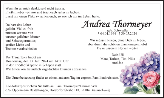 Traueranzeige von Andrea Thormeyer von Braunschweiger Zeitung