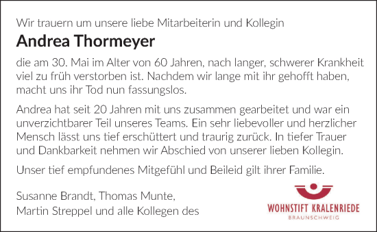 Traueranzeige von Andrea Thormeyer von Braunschweiger Zeitung