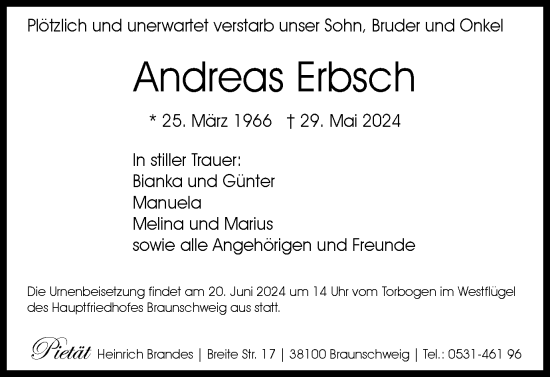 Traueranzeige von Andreas Erbsch von Braunschweiger Zeitung