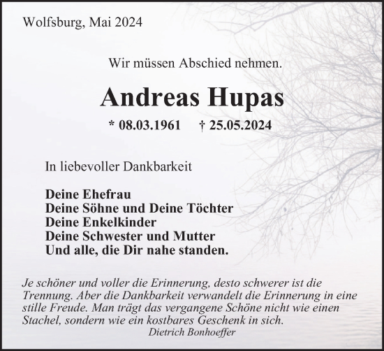 Traueranzeige von Andreas Hupas von Wolfsburger Nachrichten