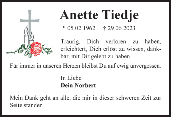 Traueranzeige von Anette Tiedje von Wolfsburger Nachrichten