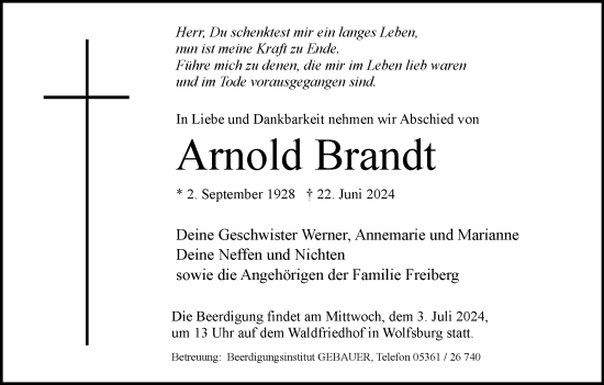 Traueranzeige von Arnold Brandt von Wolfsburger Nachrichten