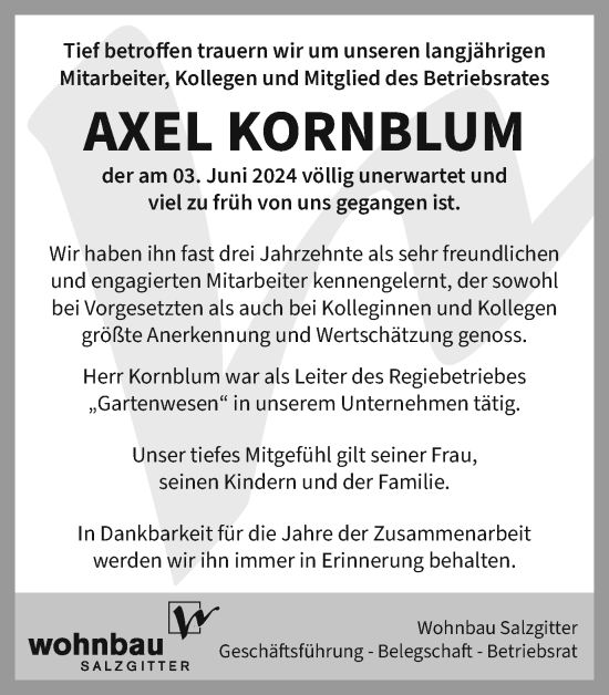 Traueranzeige von Axel Kornblum von Salzgitter-Zeitung