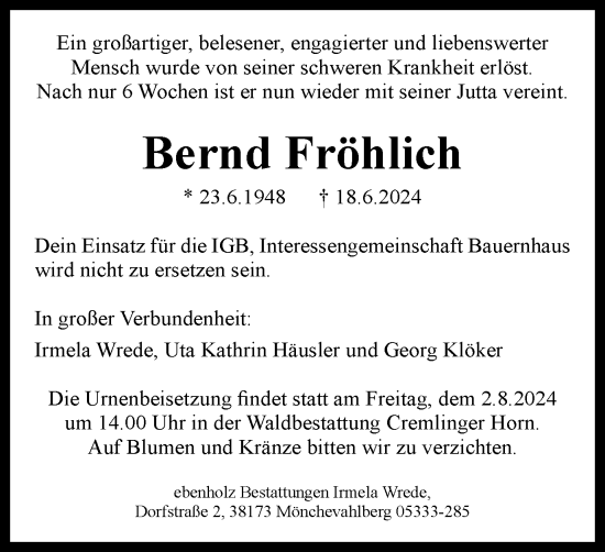 Traueranzeige von Bernd Fröhlich von Braunschweiger Zeitung