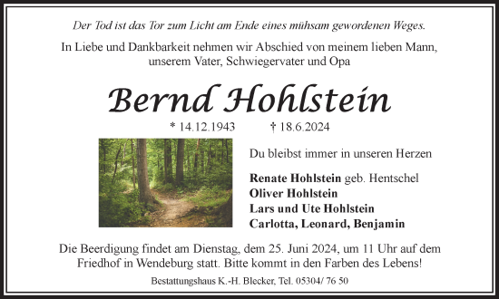 Traueranzeige von Bernd Hohlstein von Braunschweiger Zeitung