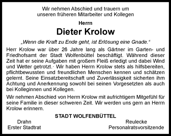 Traueranzeige von Dieter Krolow von Wolfenbütteler Zeitung