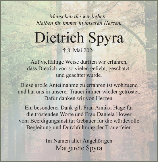 Traueranzeige von Dietrich Spyra von Wolfsburger Nachrichten