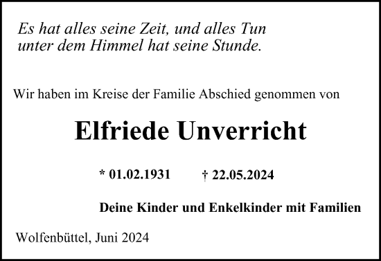 Traueranzeige von Elfriede Unverricht von Wolfenbütteler Zeitung