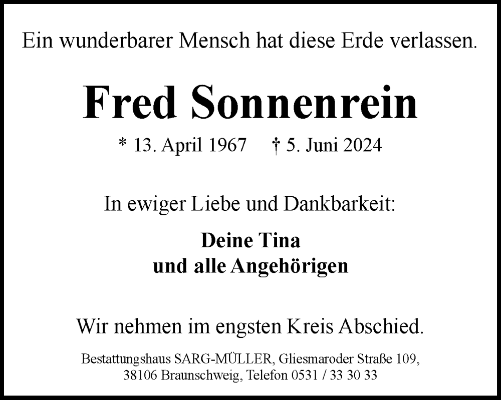  Traueranzeige für Fred Sonnenrein vom 08.06.2024 aus Braunschweiger Zeitung