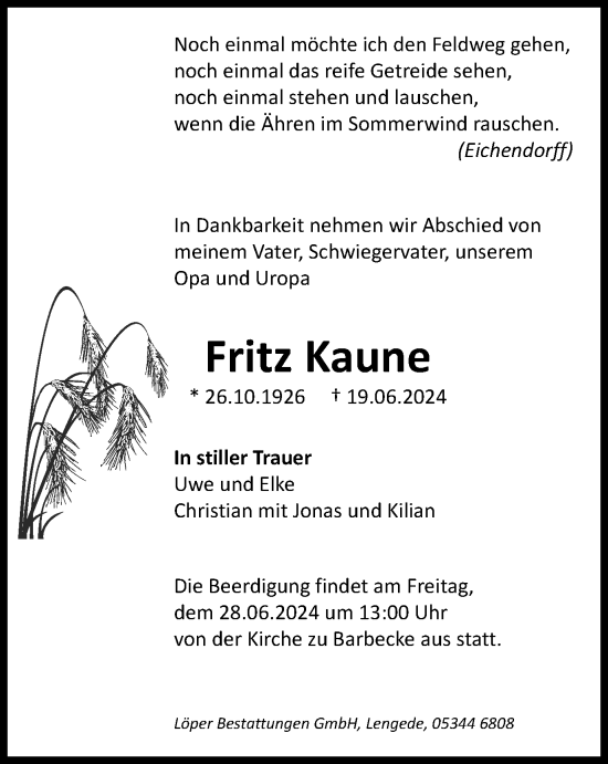 Traueranzeige von Fritz Kaune von Peiner Nachrichten