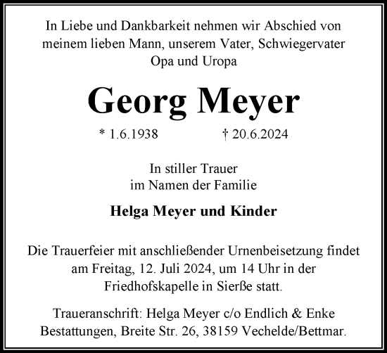 Traueranzeige von Georg Meyer von Peiner Nachrichten