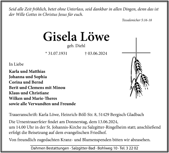 Traueranzeige von Gisela Löwe von Salzgitter-Zeitung