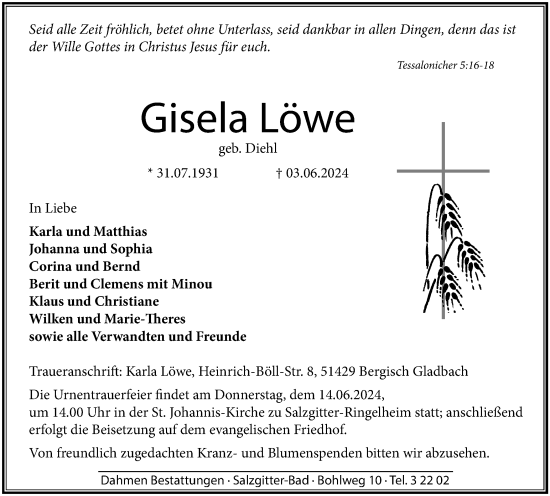 Traueranzeige von Gisela Löwe von Salzgitter-Zeitung