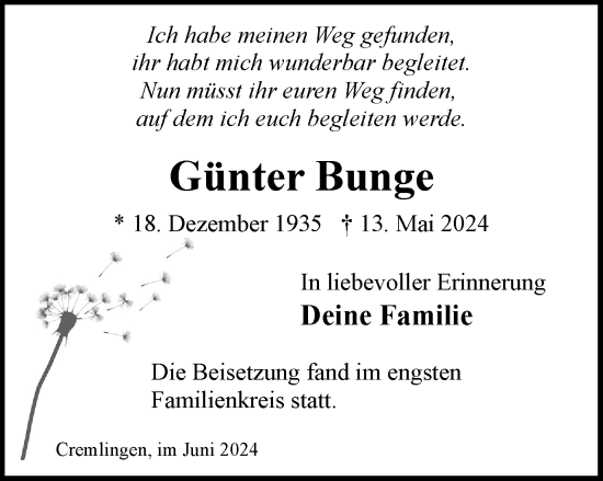 Traueranzeige von Günter Bunge von Wolfenbütteler Zeitung