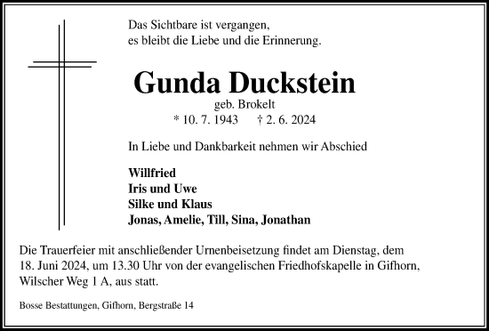 Traueranzeige von Gunda Duckstein von Wolfsburger Nachrichten