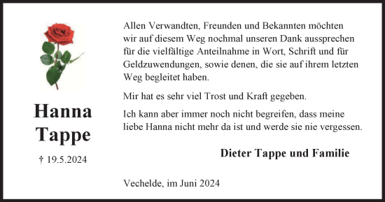 Traueranzeige von Hanna Tappe von Peiner Nachrichten