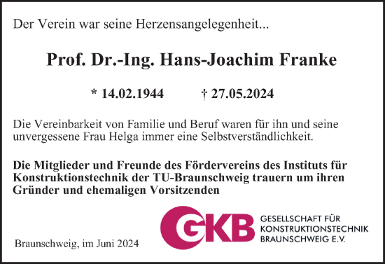 Traueranzeige von Hans-Joachim Franke von Braunschweiger Zeitung