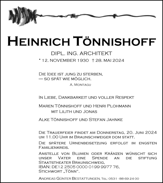 Traueranzeige von Heinrich Tönnishoff von Braunschweiger Zeitung