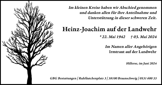 Traueranzeige von Heinz Joachim auf der Landwehr von Braunschweiger Zeitung