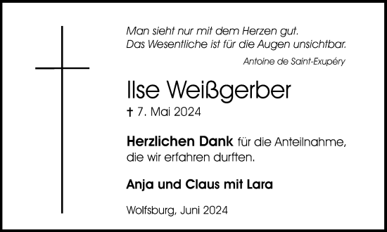 Traueranzeige von Ilse Weißgerber von Wolfsburger Nachrichten