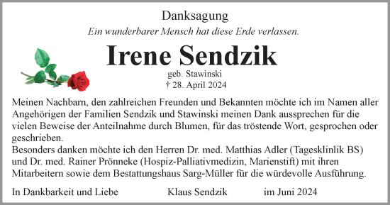 Traueranzeige von Irene Sendzik von Braunschweiger Zeitung