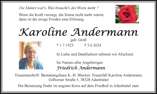 Traueranzeige von Karoline Andermann von Braunschweiger Zeitung