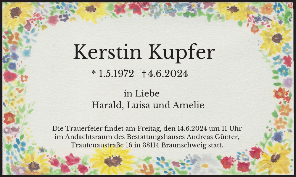  Traueranzeige für Kerstin Kupfer vom 08.06.2024 aus Braunschweiger Zeitung