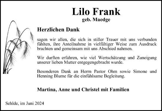 Traueranzeige von Lilo Frank von Salzgitter-Zeitung