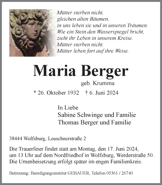 Traueranzeige von Maria Berger von Wolfsburger Nachrichten