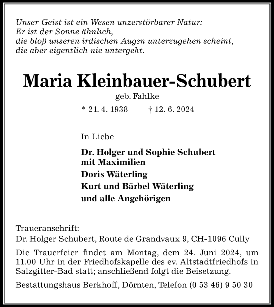 Traueranzeige von Maria Kleinbauer-Schubert von Salzgitter-Zeitung