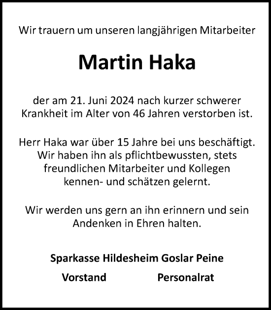 Traueranzeige von Martin Haka von Salzgitter-Zeitung