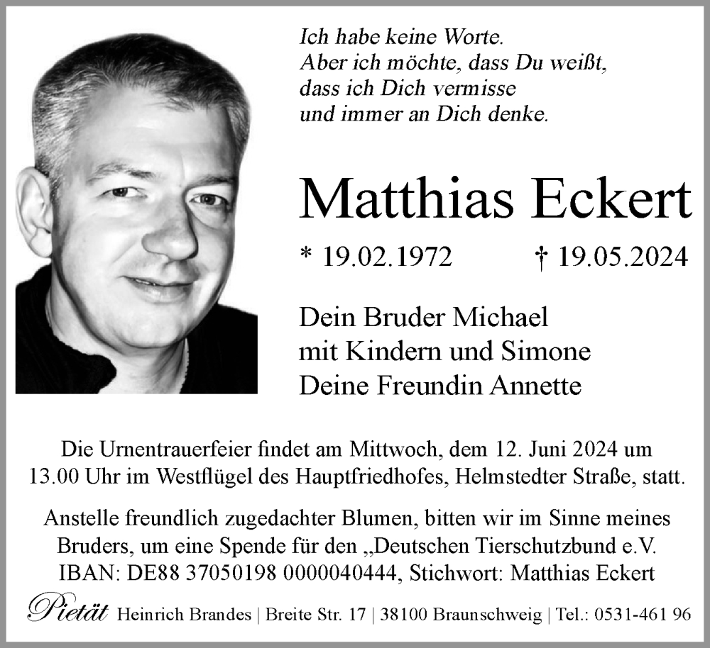  Traueranzeige für Matthias Eckert vom 08.06.2024 aus Braunschweiger Zeitung