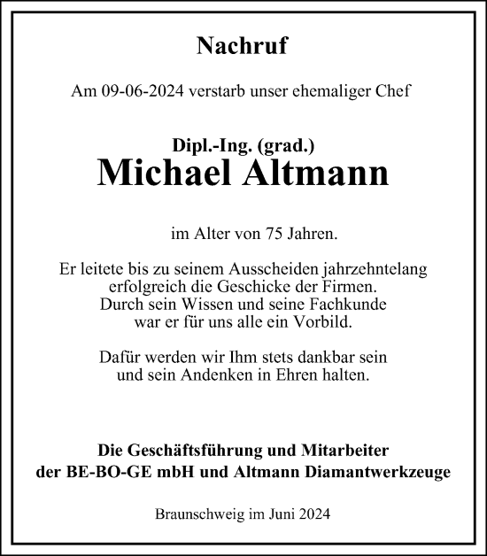 Traueranzeige von Michael Altmann von Braunschweiger Zeitung