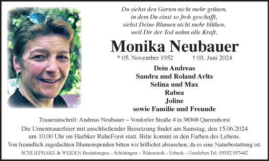 Traueranzeige von Monika Neubauer von Wolfsburger Nachrichten