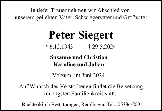 Traueranzeige von Peter Siegert von Braunschweiger Zeitung