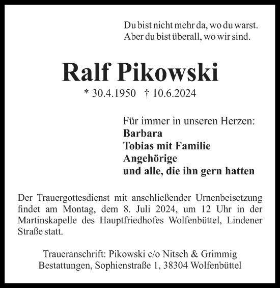 Traueranzeige von Ralf Pikowski von Wolfenbütteler Zeitung