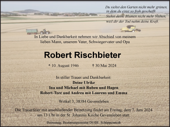 Traueranzeige von Robert Rischbieter von Wolfsburger Nachrichten, Helmstedter Nachrichten, Wolfenbütteler Zeitung