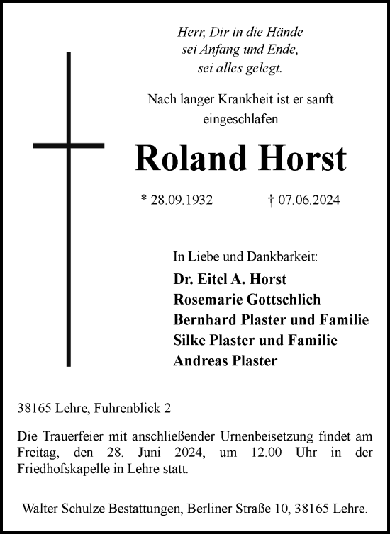 Traueranzeige von Roland Horst von Helmstedter Nachrichten