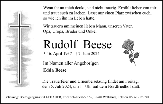 Traueranzeige von Rudolf Beese von Wolfsburger Nachrichten