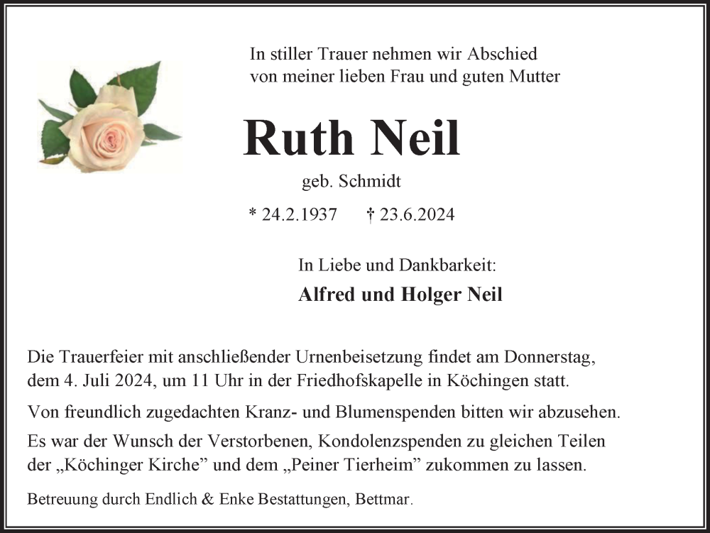  Traueranzeige für Ruth Neil vom 29.06.2024 aus Peiner Nachrichten