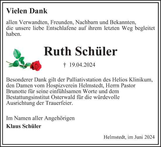 Traueranzeige von Ruth Schüler von Helmstedter Nachrichten