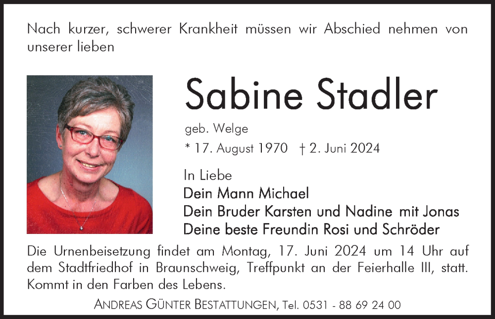  Traueranzeige für Sabine Stadler vom 08.06.2024 aus Neue Braunschweiger am Samstag