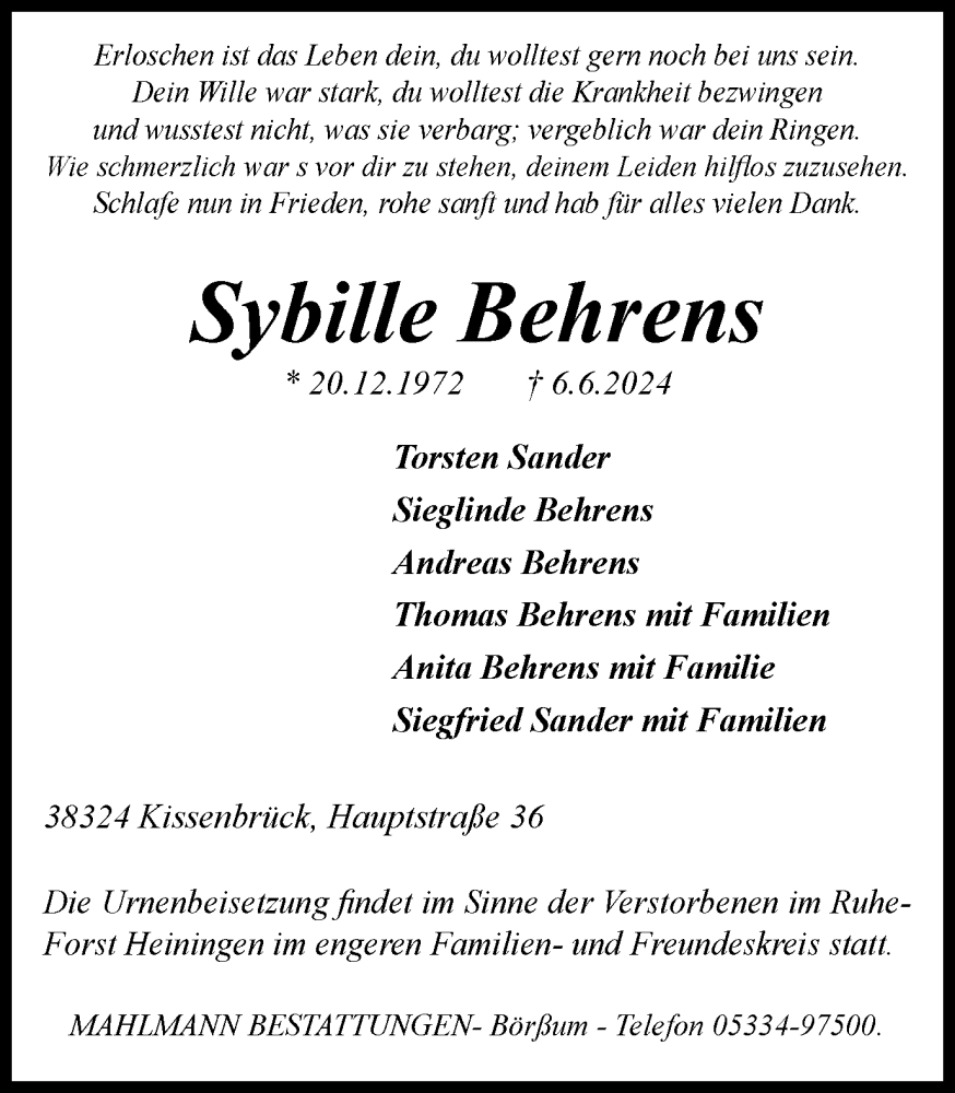  Traueranzeige für Sybille Behrens vom 15.06.2024 aus Wolfenbütteler Zeitung