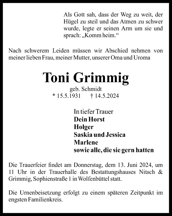 Traueranzeige von Toni Grimmig von Braunschweiger Zeitung