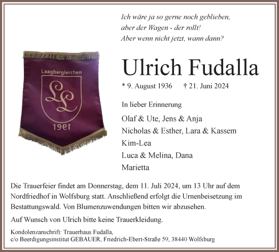 Traueranzeige von Ulrich Fudalla von Wolfsburger Nachrichten