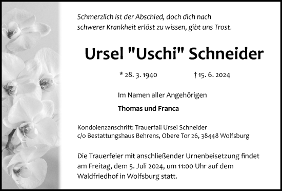 Traueranzeige von Ursel Schneider von Wolfsburger Nachrichten