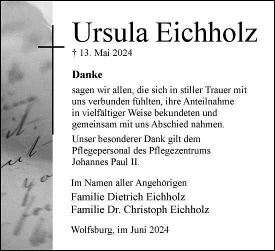 Traueranzeige von Ursula Eichholz von Wolfsburger Nachrichten