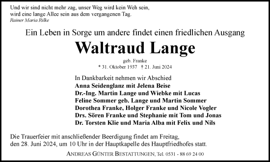 Traueranzeige von Waltraud Lange von Braunschweiger Zeitung