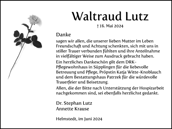 Traueranzeige von Waltraud Lutz von Helmstedter Nachrichten